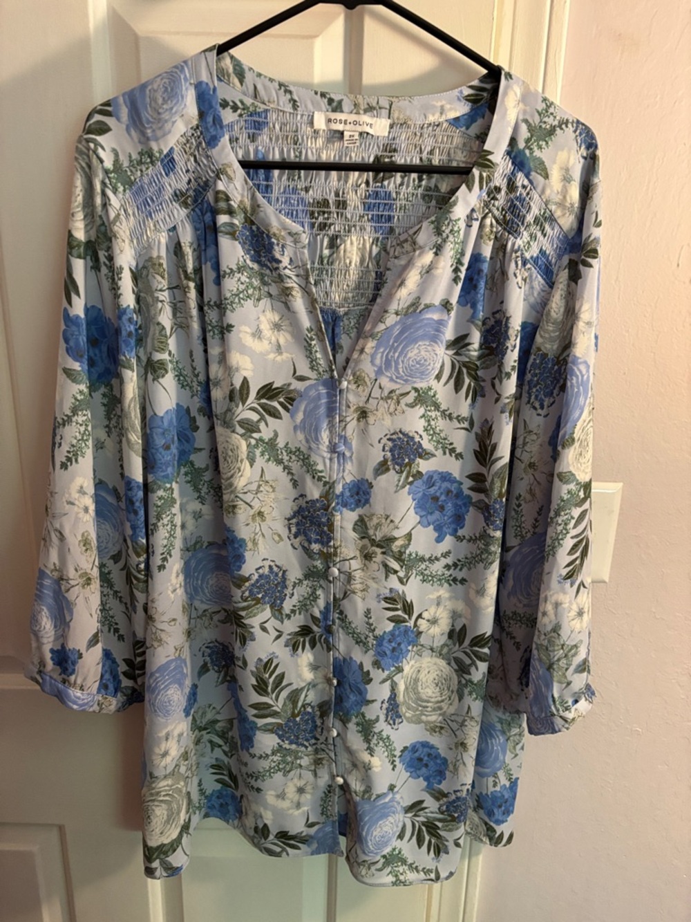 Rose & Olive Blue and White Floral Tunic with Smocked Yoke